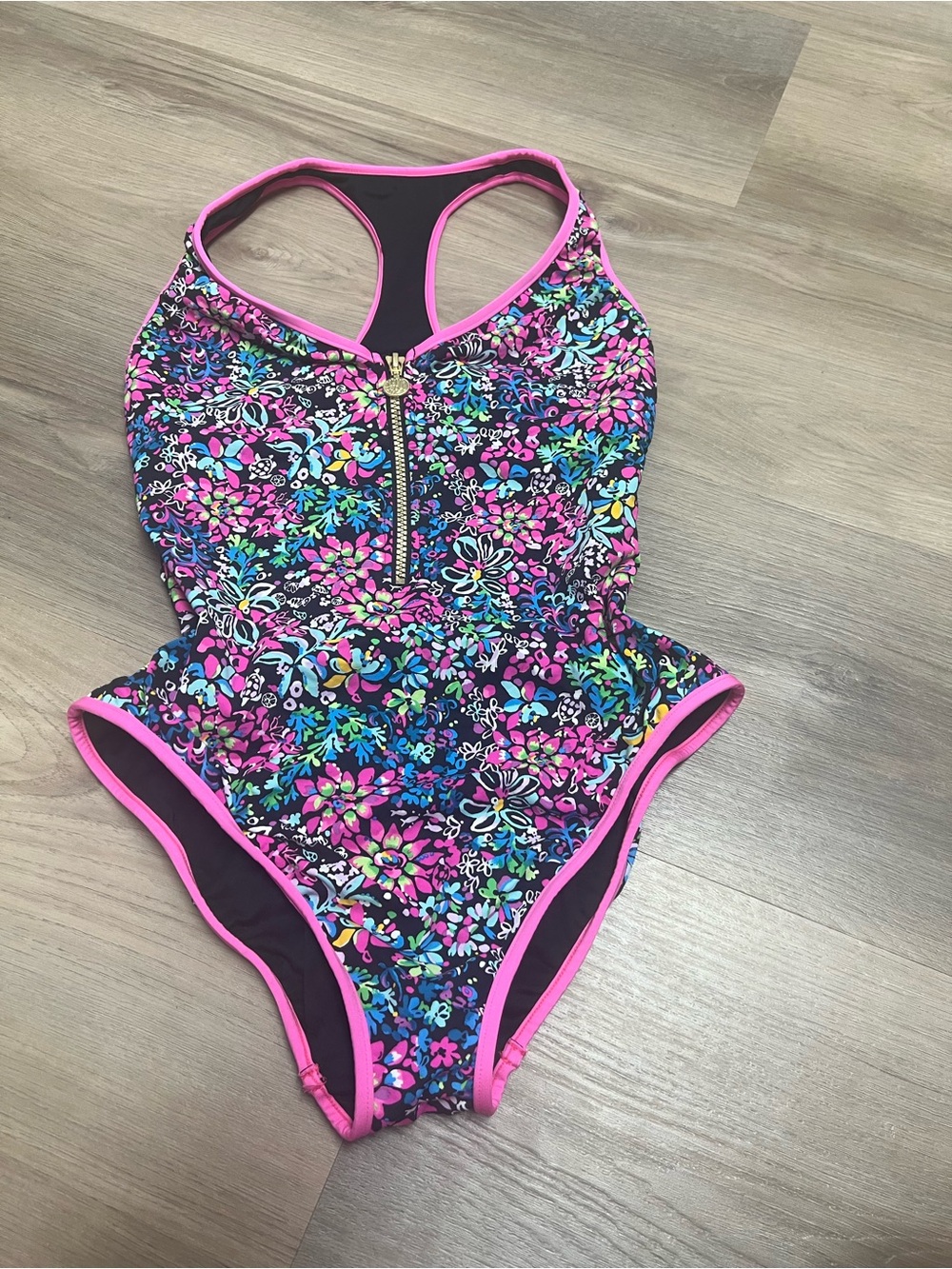 Lilly Pulitzer black Multicolor Floral One-Piece Swimsuit with Pink Trim